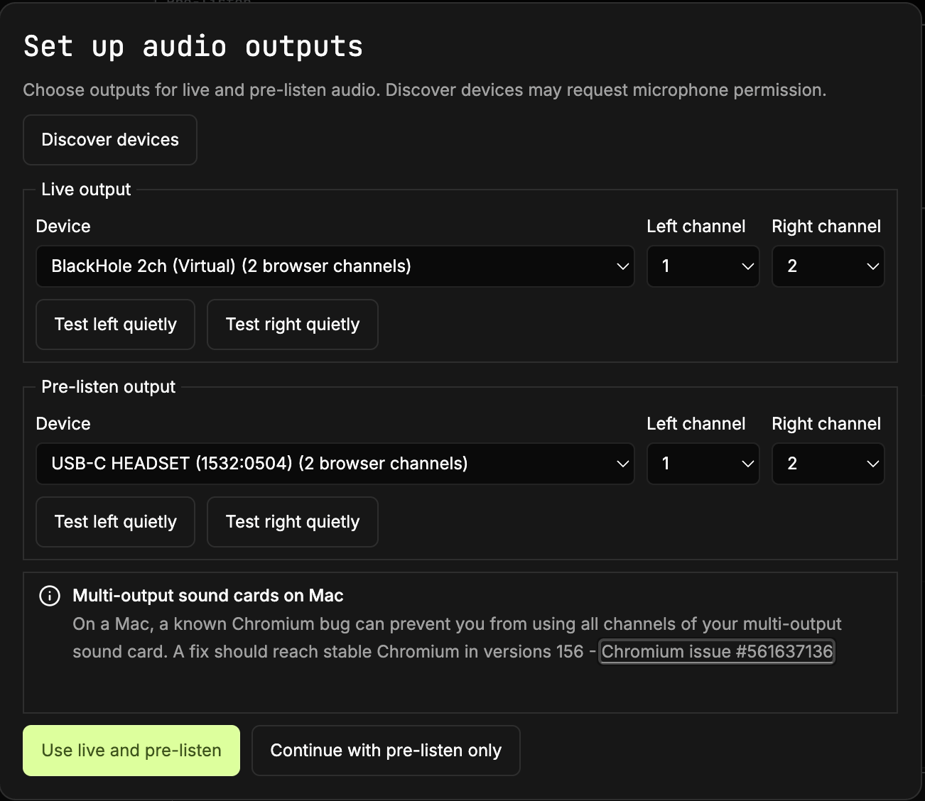 The audio configuration dialog