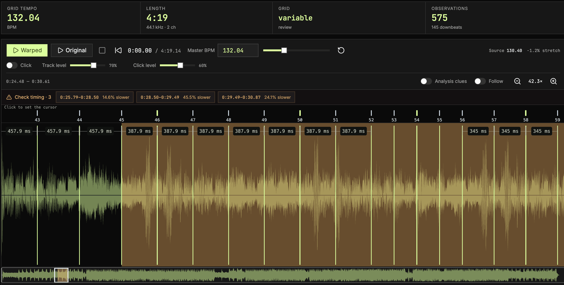 This track has a small region where the absence of a steady bass drum has confused the ingestor. This region is highlighted and will need to be corrected by hand