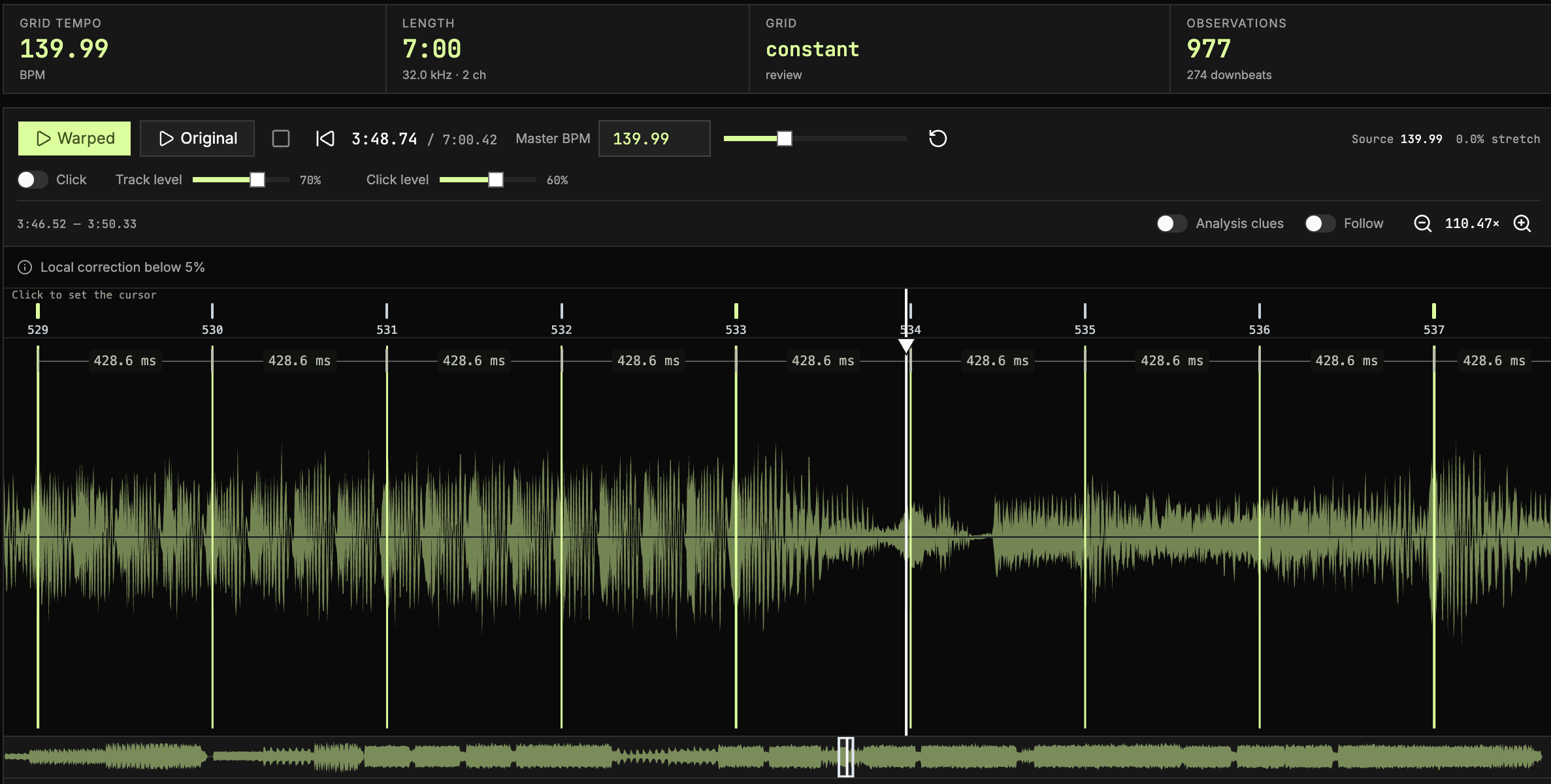This track has a perfectly regular beat grid. Beats are evenly spaced and need no correction