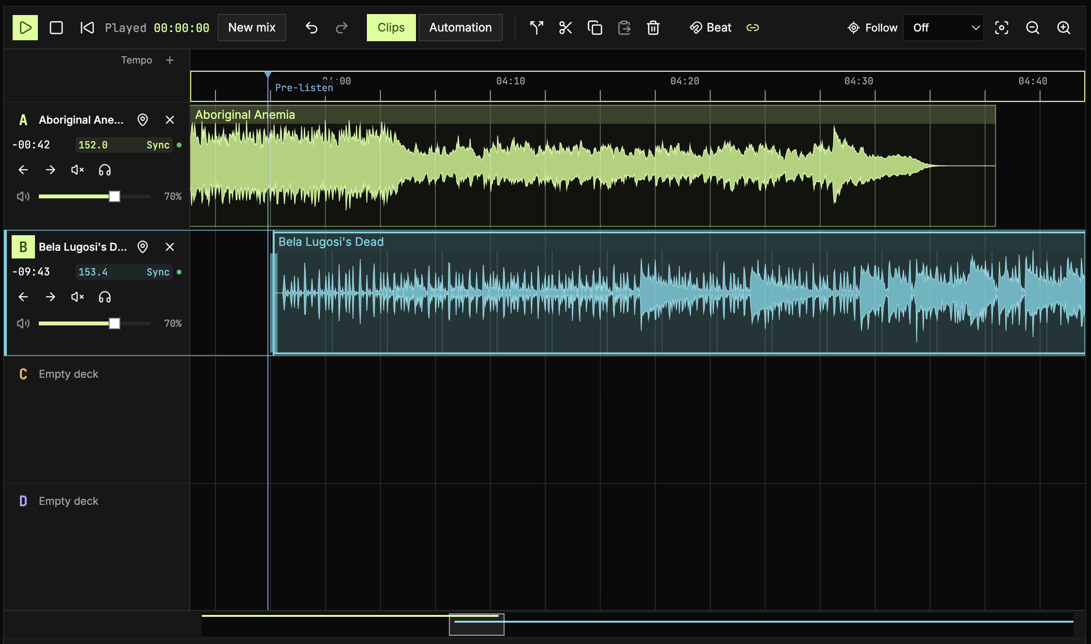 Tracks lined up in Fraktur, with the pre-listen playhead set near the anchor point